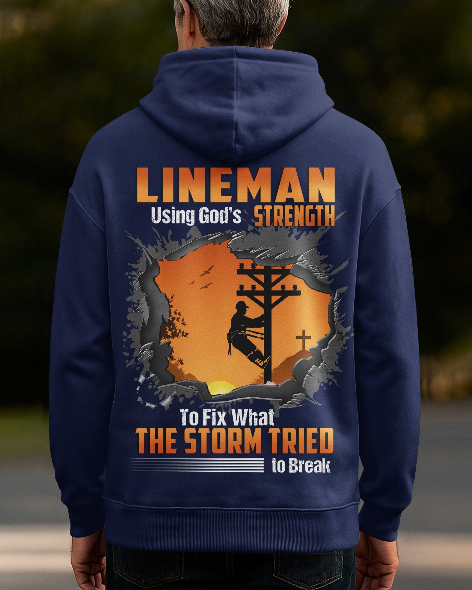 Lineman Using God's Strength To Fix What The Storm Tried To Break Zip Hoodie - Image 3